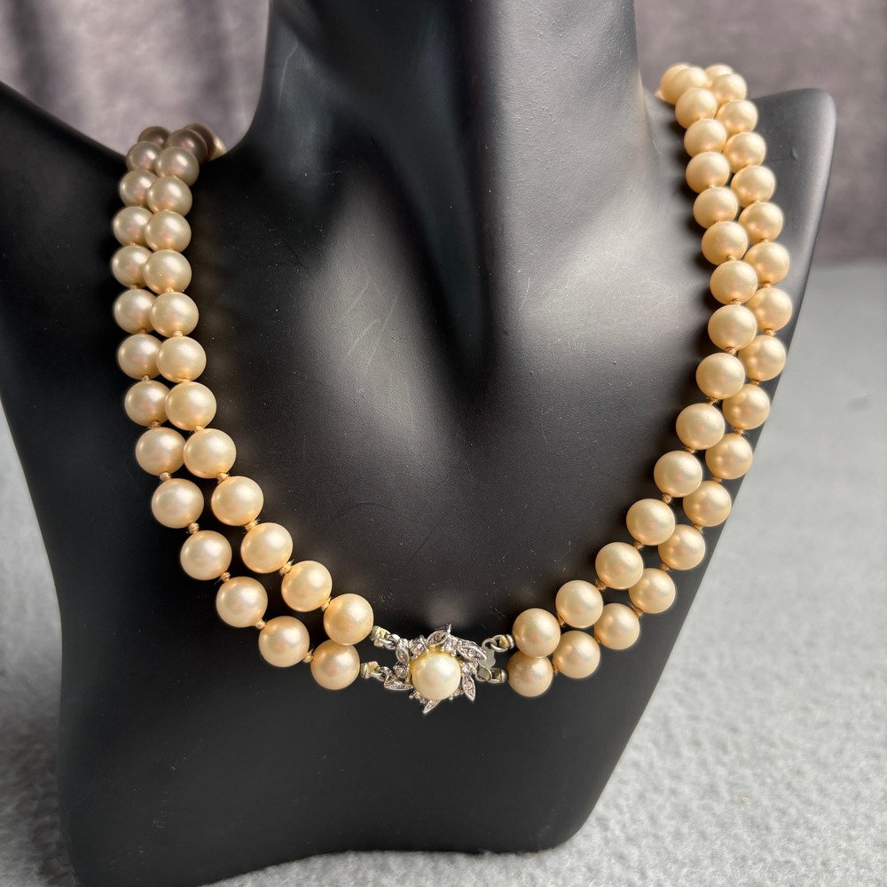 Vintage Double Strand Faux Pearl Necklace Rhinestone Floral Clasp Cream 22 In